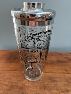 Vintage MCM Cocktail Shaker with Recipe Graphics - Silver & Clear